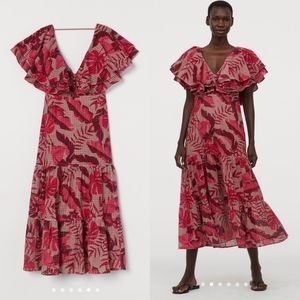 H&M Johanna Ortiz Eyelet embroidered ruffle floral hot pink maroon dress S